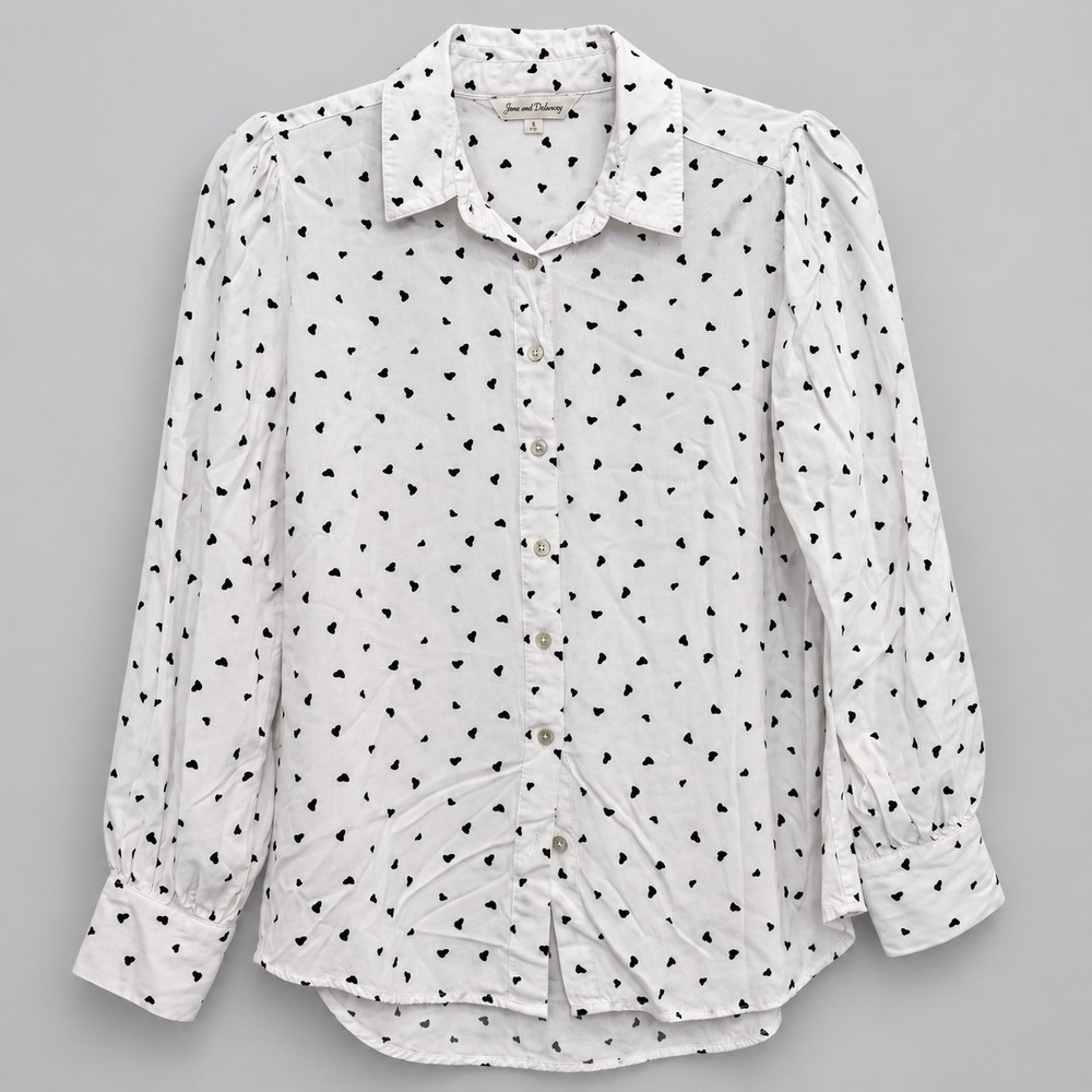 Jane and Delancey Womens Small White Black Heart Print Puff Sleeve Button Shirt